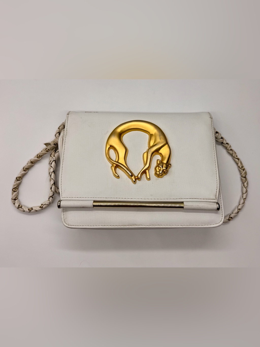 Nima Vintage White Shoulder Bag With Gold Panther Accent